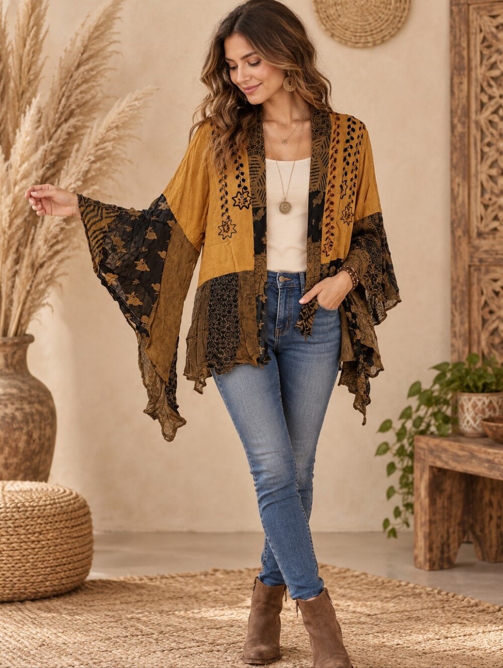480.Boho Patchwork Open-Front Kimono Cardigan Bell Sleeve